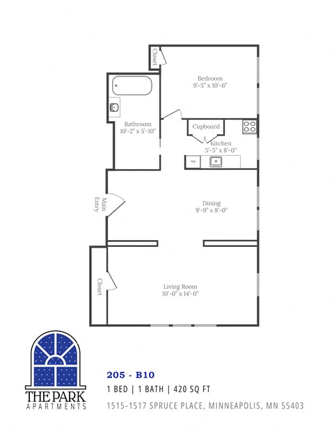A floor plan for a 420 square foot apartment with one bed and one bath.